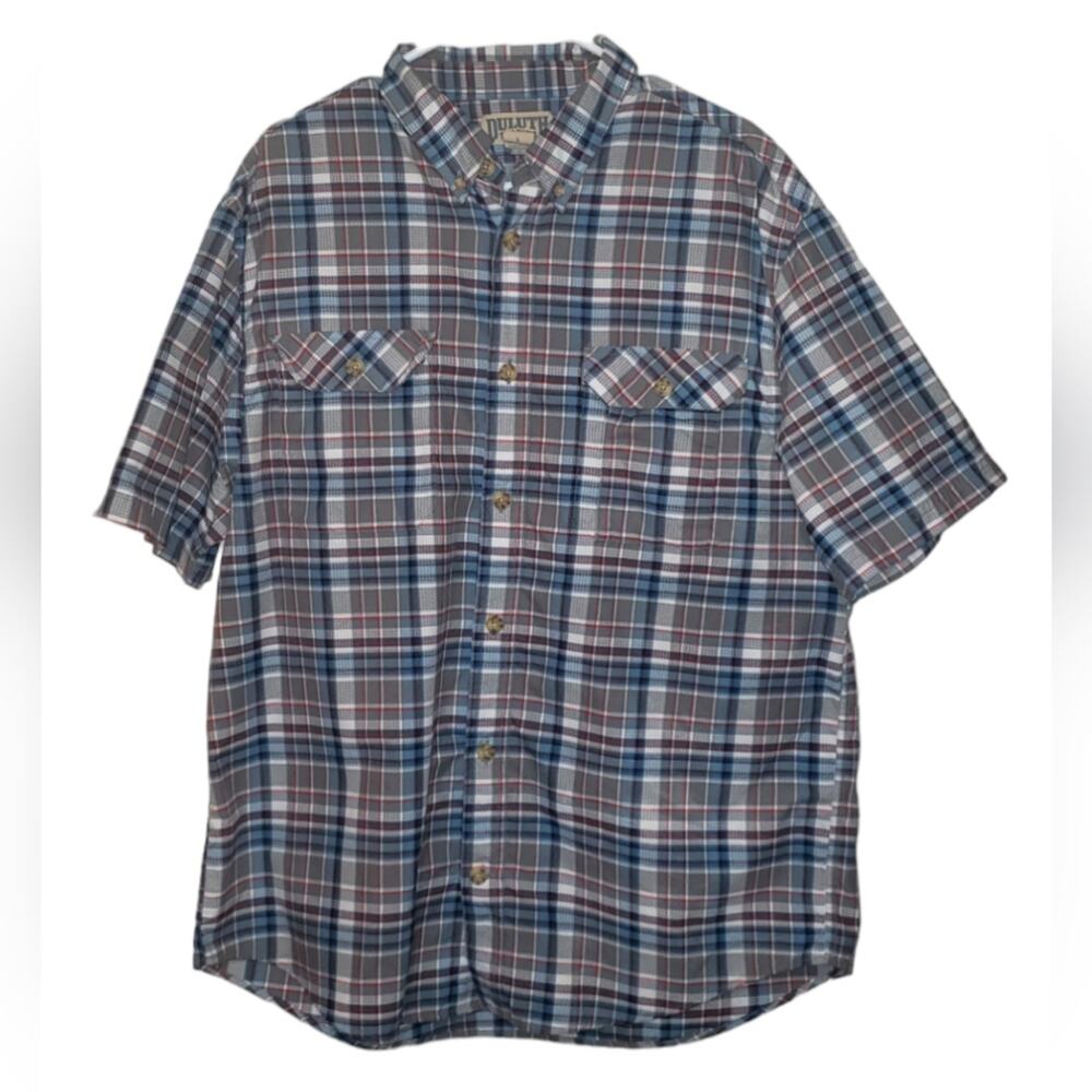 Duluth Trading Co Plaid Shirt L Short Sleeve Gray Blue Gorpcore Workwear Western